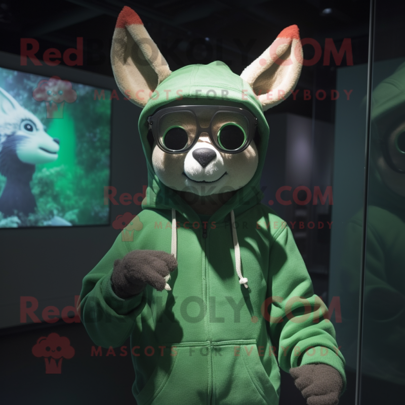 Green Roe Deer mascot costume character dressed with a Hoodie and Eyeglasses Green Roe Deer mascot costume character dressed with a Hoodie and Eyeglasses
