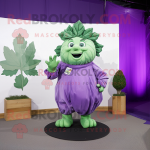 Lavender Cabbage Leaf mascot costume character dressed with a Dungarees and Briefcases