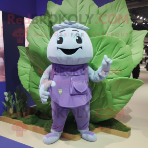 Lavender Cabbage Leaf mascot costume character dressed with a Dungarees and Briefcases