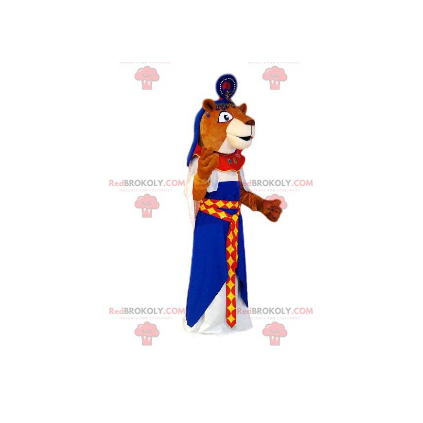Brun lejoninna maskot klädd som egyptisk drottning -