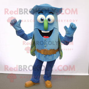 Blue Pesto Pasta mascot costume character dressed with a Jeans and Cufflinks
