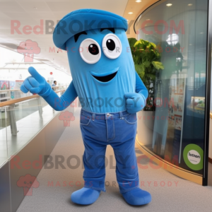 Blue Pesto Pasta mascot costume character dressed with a Jeans and Cufflinks