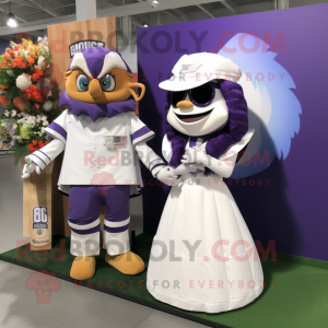 Purple American Football Helmet mascot costume character dressed with a Wedding Dress and Cummerbunds