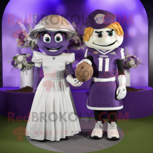 Purple American Football Helmet mascot costume character dressed with a Wedding Dress and Cummerbunds