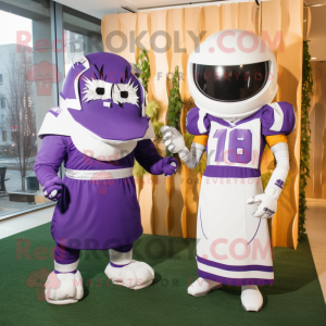 Purple American Football Helmet mascot costume character dressed with a Wedding Dress and Cummerbunds