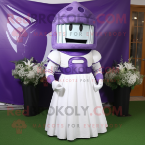 Purple American Football Helmet mascot costume character dressed with a Wedding Dress and Cummerbunds