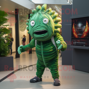 Forest Green Trilobite mascot costume character dressed with a Joggers and Hairpins