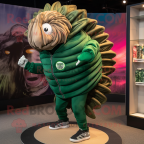 Forest Green Trilobite mascot costume character dressed with a Joggers and Hairpins