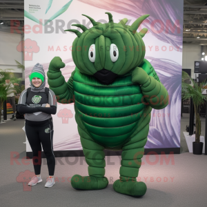 Forest Green Trilobite mascot costume character dressed with a Joggers and Hairpins