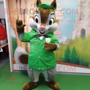 Green Squirrel mascot costume character dressed with a Midi Dress and Pocket squares