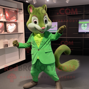 Green Squirrel mascot costume character dressed with a Midi Dress and Pocket squares