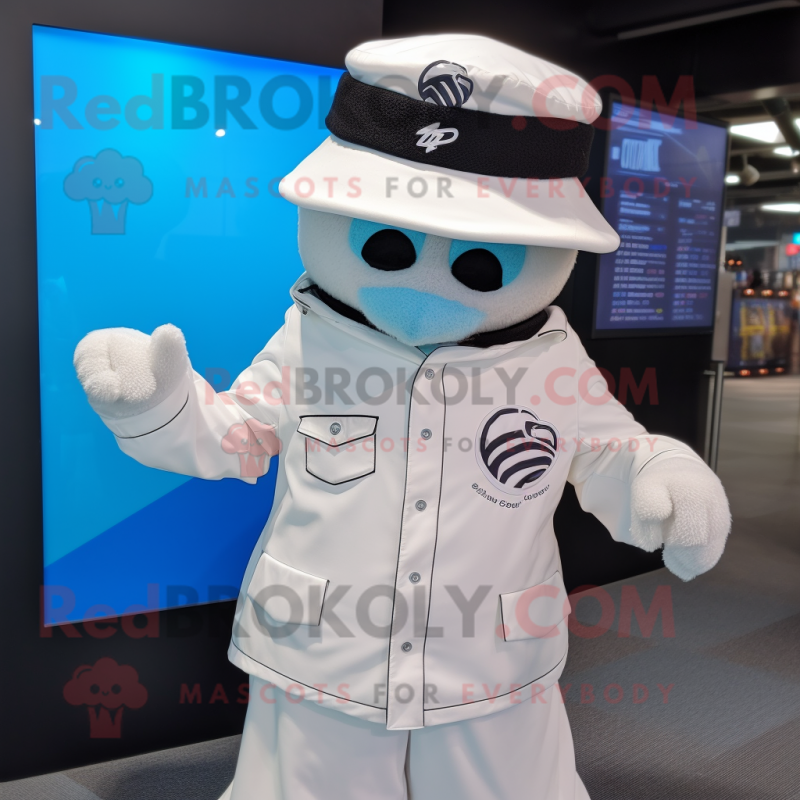 White Aglet mascot costume character dressed with a Moto Jacket and Hat pins