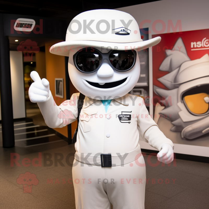 White Aglet mascot costume character dressed with a Moto Jacket and Hat pins