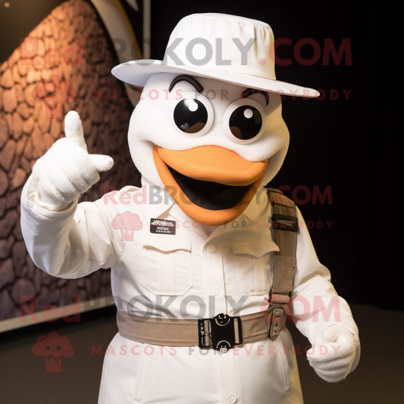 White Aglet mascot costume character dressed with a Moto Jacket and Hat pins