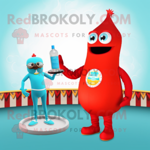 Turquoise Bottle Of Ketchup mascot costume character dressed with a One-Piece Swimsuit and Rings