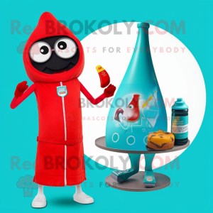 Turquoise Bottle Of Ketchup mascot costume character dressed with a One-Piece Swimsuit and Rings