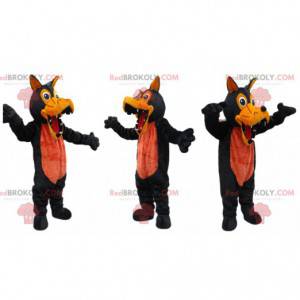 Mascotte de loup noir et orange avec de grandes dents -