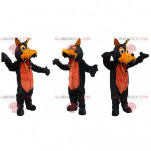 Schwarzes und orange Wolfsmaskottchen mit großen Zähnen -