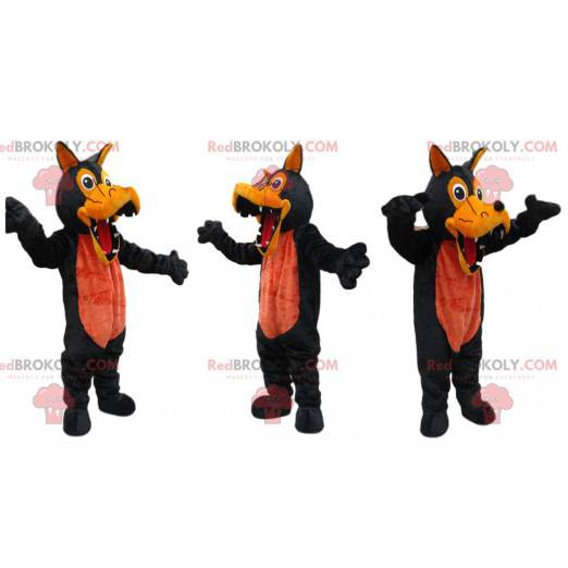 Mascotte de loup noir et orange avec de grandes dents -