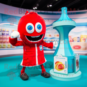 Turquoise Bottle Of Ketchup mascot costume character dressed with a One-Piece Swimsuit and Rings