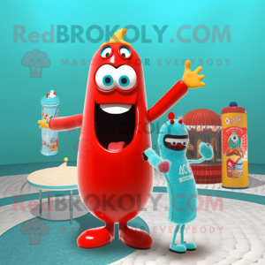 Turquoise Bottle Of Ketchup mascot costume character dressed with a One-Piece Swimsuit and Rings