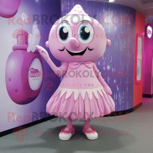 Lavender Pink mascot costume character dressed with a Mini Dress and Shoe clips