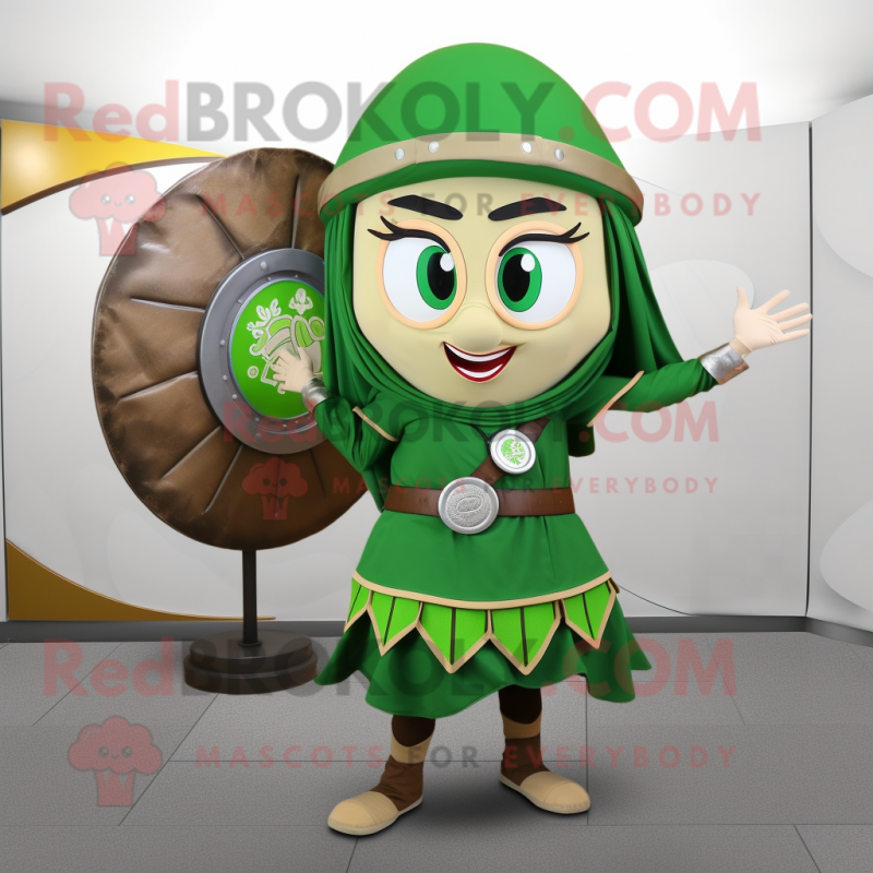 Olive Celtic Shield mascot costume character dressed with a Skirt and Berets Olive Celtic Shield mascot costume character dressed with a Skirt and Berets