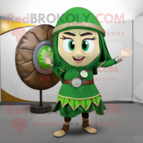 Olive Celtic Shield mascot costume character dressed with a Skirt and Berets
