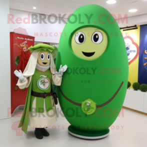 Olive Celtic Shield mascot costume character dressed with a Skirt and Berets