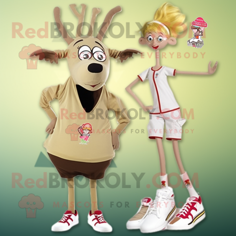 Beige Deer mascot costume character dressed with a Bikini and Shoe clips