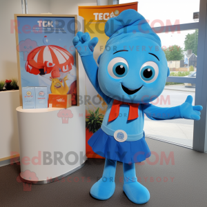 Sky Blue Tikka Masala mascot costume character dressed with a Oxford Shirt and Keychains