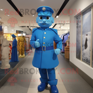 Blue Soldier mascot costume character dressed with a A-Line Dress and Hats