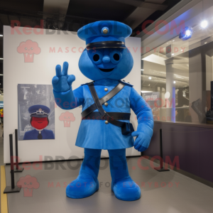 Blue Soldier mascot costume character dressed with a A-Line Dress and Hats