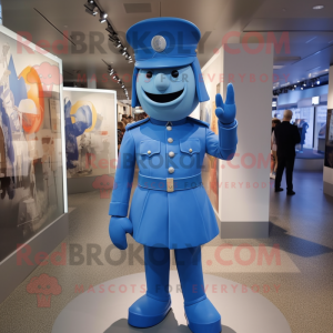 Blue Soldier mascot costume character dressed with a A-Line Dress and Hats