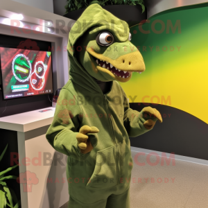 Olive Allosaurus mascot costume character dressed with a Hoodie and Keychains