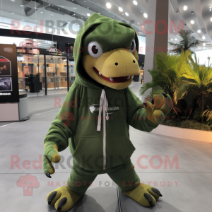 Olive Allosaurus mascot costume character dressed with a Hoodie and Keychains
