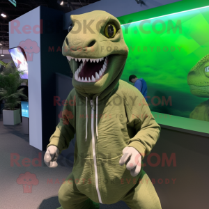 Olive Allosaurus mascot costume character dressed with a Hoodie and Keychains