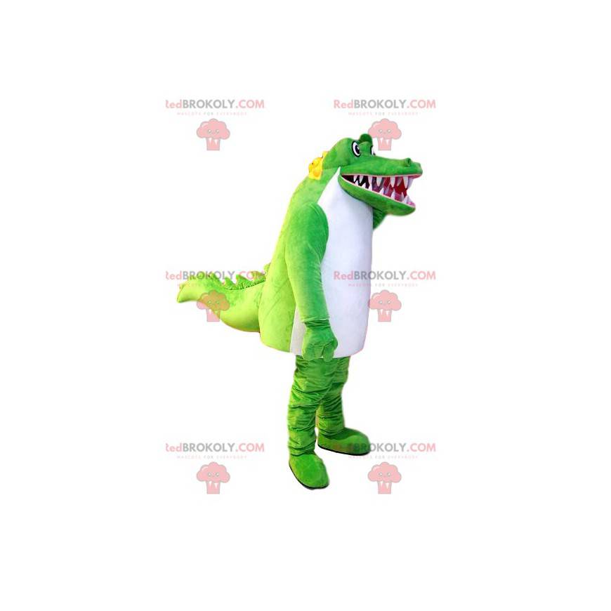 Super divertida mascote crocodilo verde e branco. Fantasia de