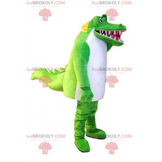 Super divertida mascote crocodilo verde e branco. Fantasia de