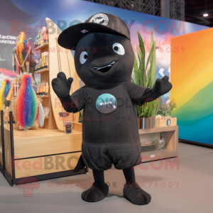 Black Narwhal mascot costume character dressed with a Board Shorts and Hat pins