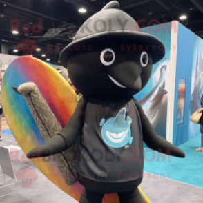 Black Narwhal mascot costume character dressed with a Board Shorts and Hat pins