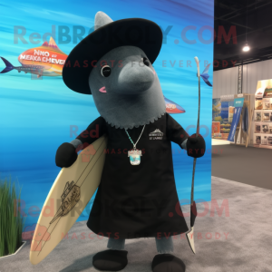 Black Narwhal mascot costume character dressed with a Board Shorts and Hat pins