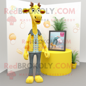 Lemon Yellow Giraffe mascot costume character dressed with a Cardigan and Necklaces