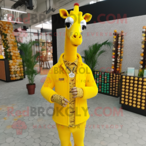 Lemon Yellow Giraffe mascot costume character dressed with a Cardigan and Necklaces