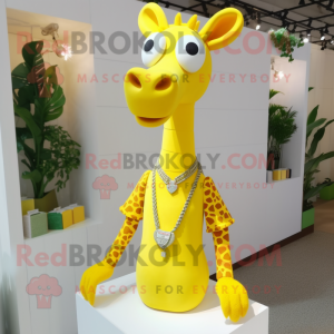 Lemon Yellow Giraffe mascot costume character dressed with a Cardigan and Necklaces