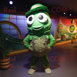 Green Tuna mascot costume character dressed with a Dungarees and Hats