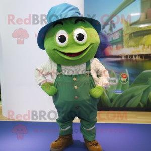 Green Tuna mascot costume character dressed with a Dungarees and Hats