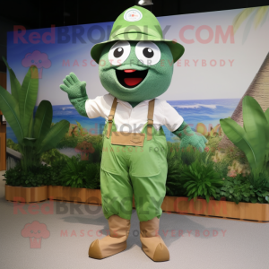 Green Tuna mascot costume character dressed with a Dungarees and Hats