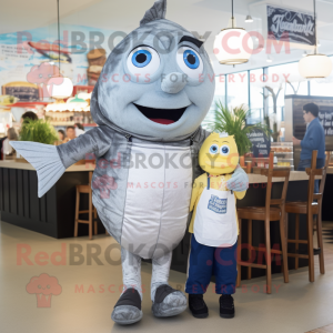Silver Fish And Chips mascot costume character dressed with a Boyfriend Jeans and Suspenders