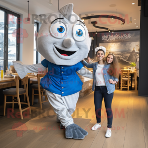 Silver Fish And Chips mascot costume character dressed with a Boyfriend Jeans and Suspenders